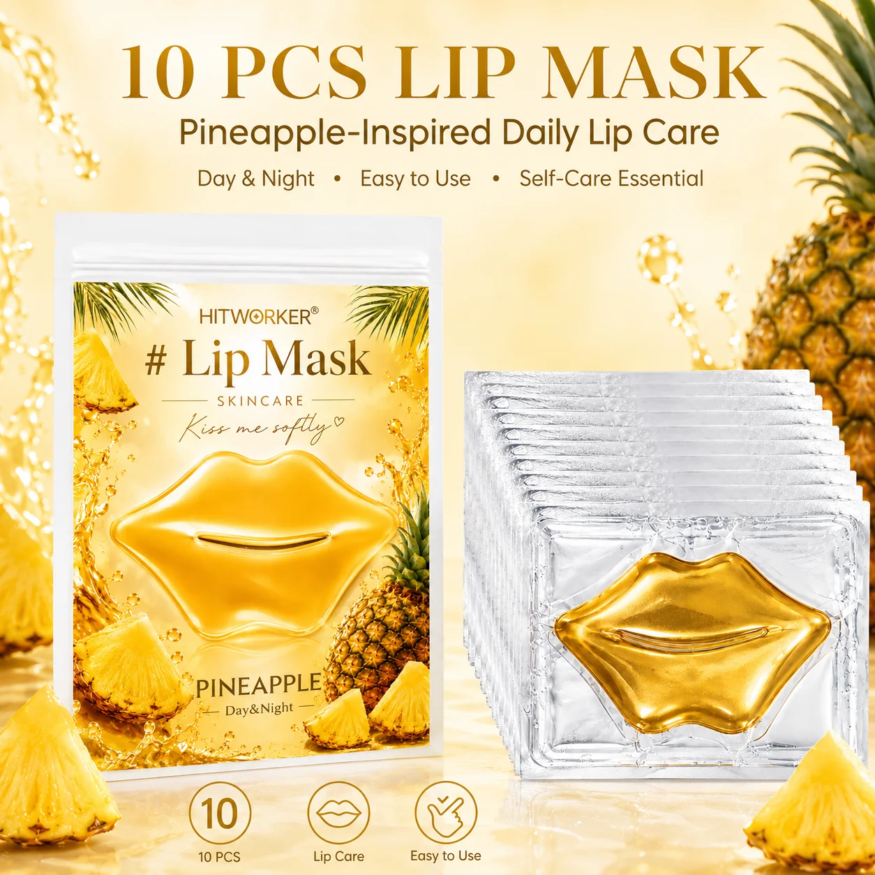 10Pcs Pineapple Lip Skincare Masks, Soft-Touch Lip Care Patches for Daily Beauty Routine, Self-Care and Travel
