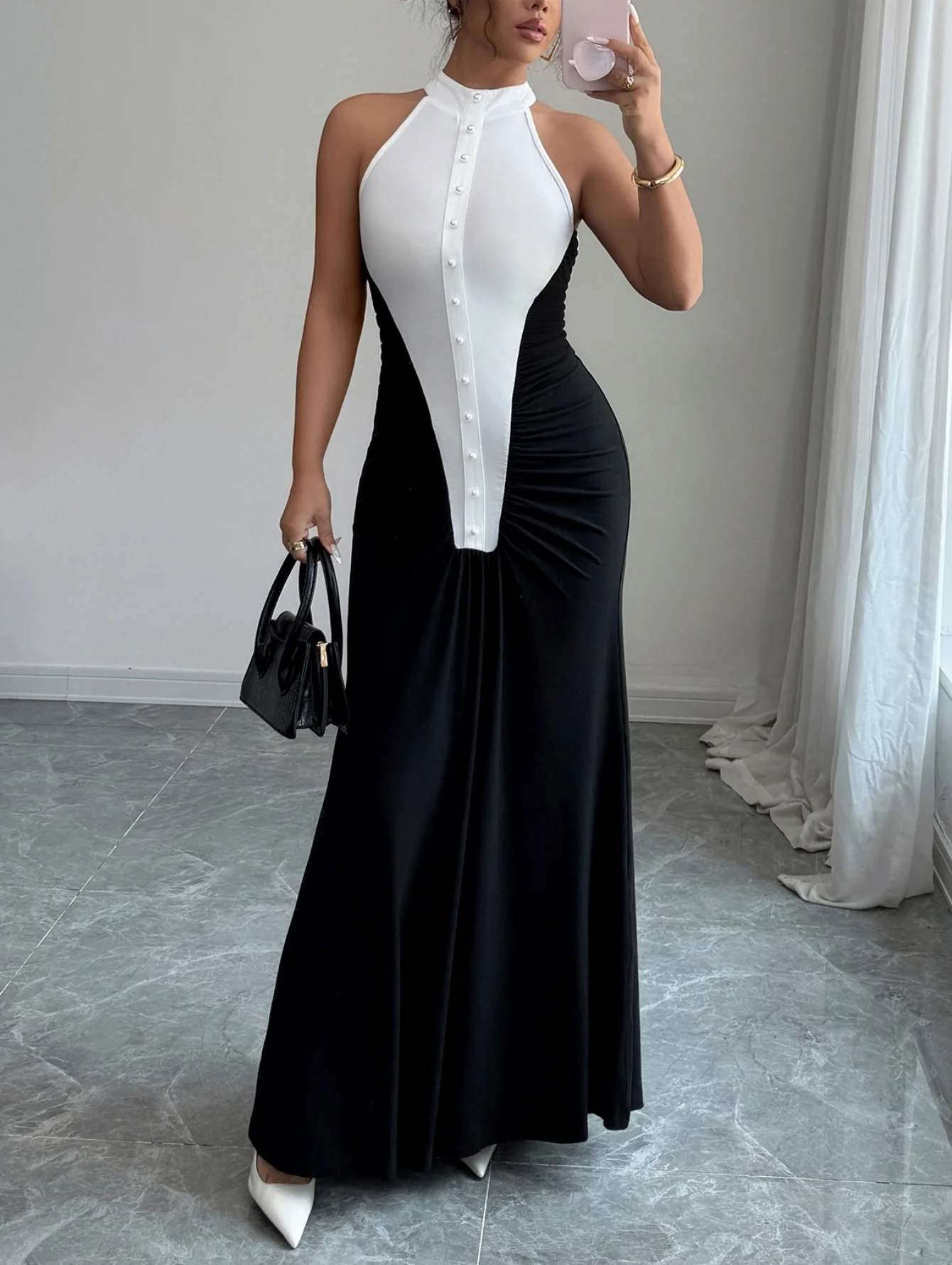 

Elegant Ladies Fashion Color Block Long Wrap Dress Women's Stylish Dress Skirt One Piece Elegant Fashionable Long Dress