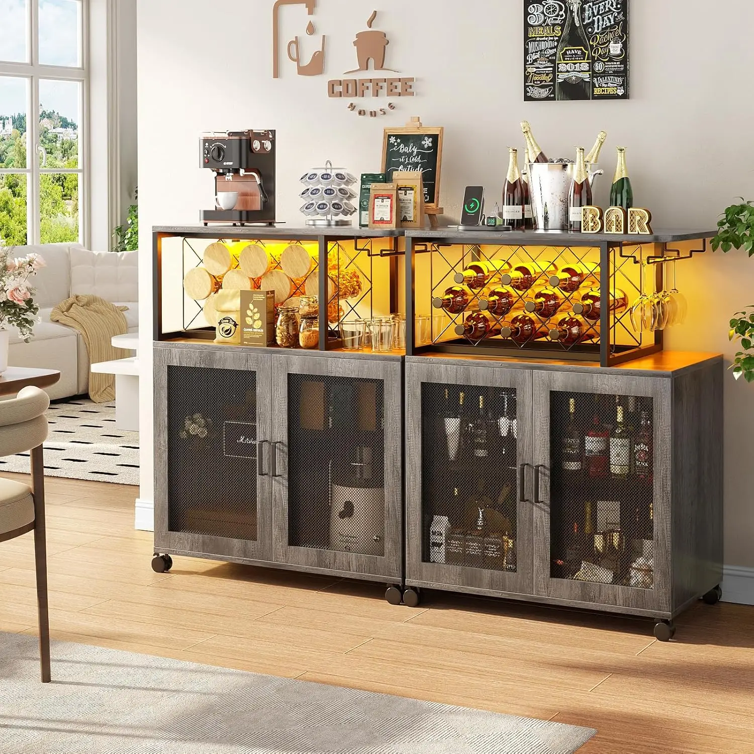 Pequeno carrinho de bar com rodas, Armário de bebidas com luz LED, Wine Bar Cabinet com Power Outlets, Mini Bar Home com Wine Rack