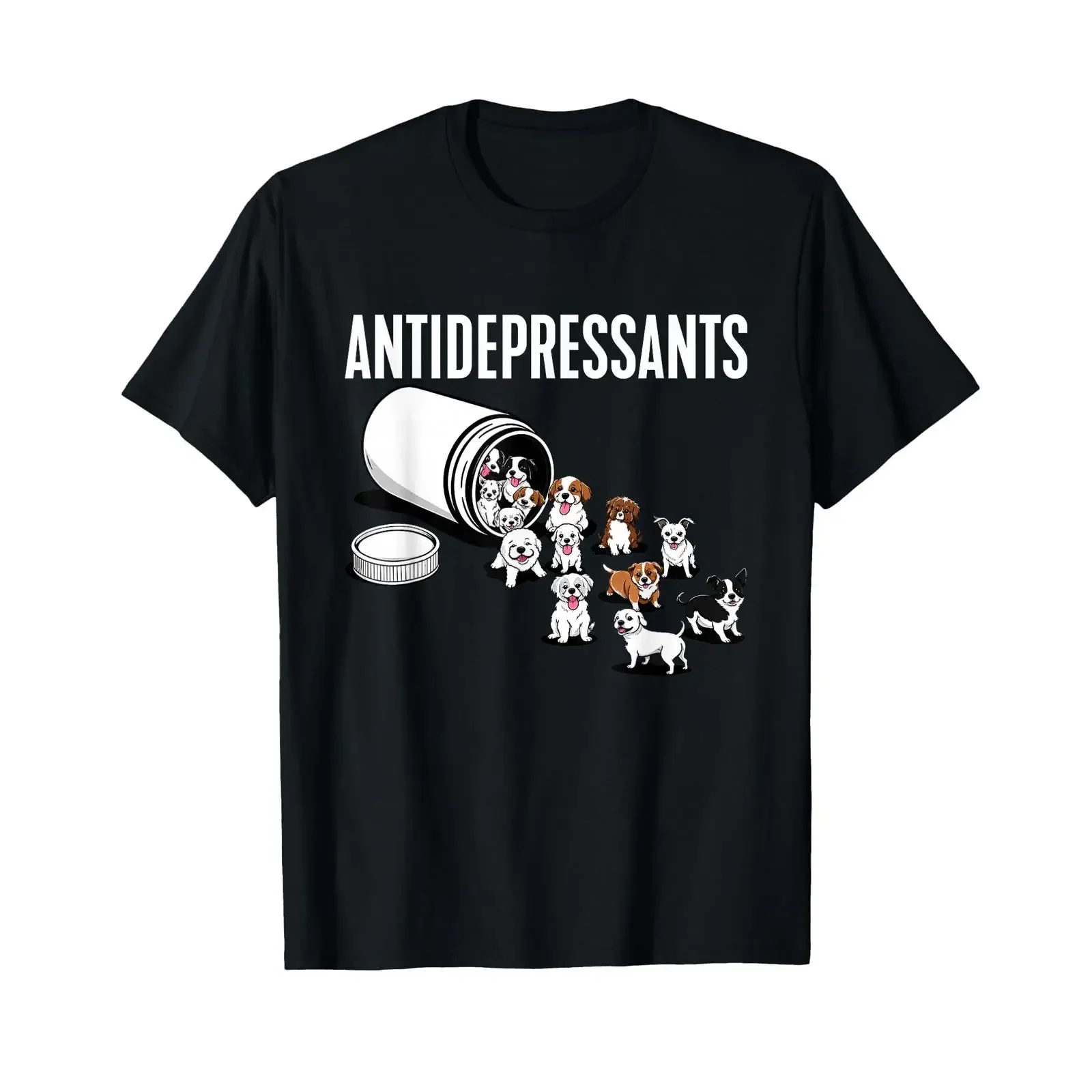 Antidepressants Pill Bottle Spilling Cute Puppy Dog Lovers T Shirt vintage Washed homme fashion Breathable Stylish Versatile