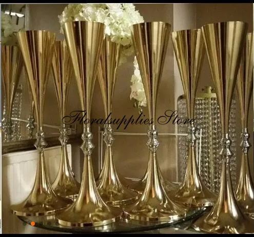 Florero dorado de 70 cm de alto para boda, centro de mesa brillante, decoración de boda, banquete, plomo en el camino, venta al por mayor