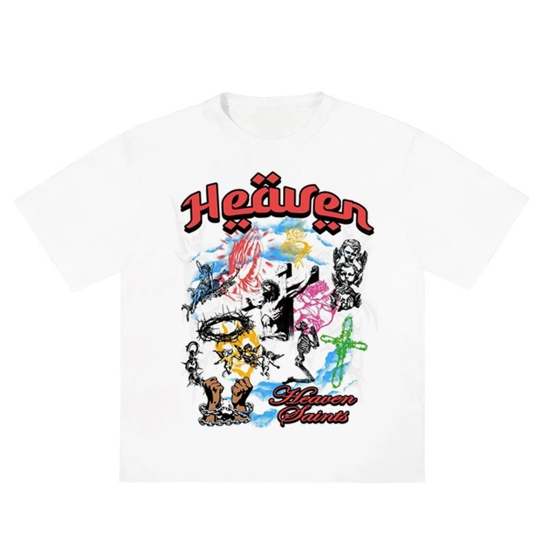 2026 Men Retro T‑Shirt Skeleton Angel Cross Chain Element Print Short Sleeve Crew Neck Casual Streetwear Tees Tops