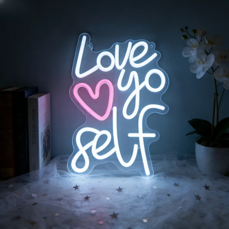 

Love Yourself Neon Sign LED Night Light 3D Acrylic Pink Heart USB Rechargeable Aesthetic Wall Art for Home Bedroom Decor