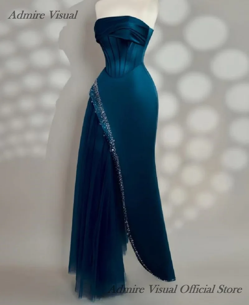 비주얼 롱 프롬 드레스, 머메이드 보트 스트랩리스 슬리브리스, 스플릿 디자인의 우아한 특별한 날 드레스