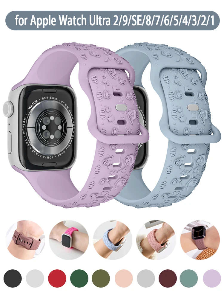 

Silicone Strap for Apple watch bracelet 41mm 40mm 45mm 44mm 49mm 38mm 42mm Floral Engraved band iWatch Series 9 8 7 6 SE ultra 2