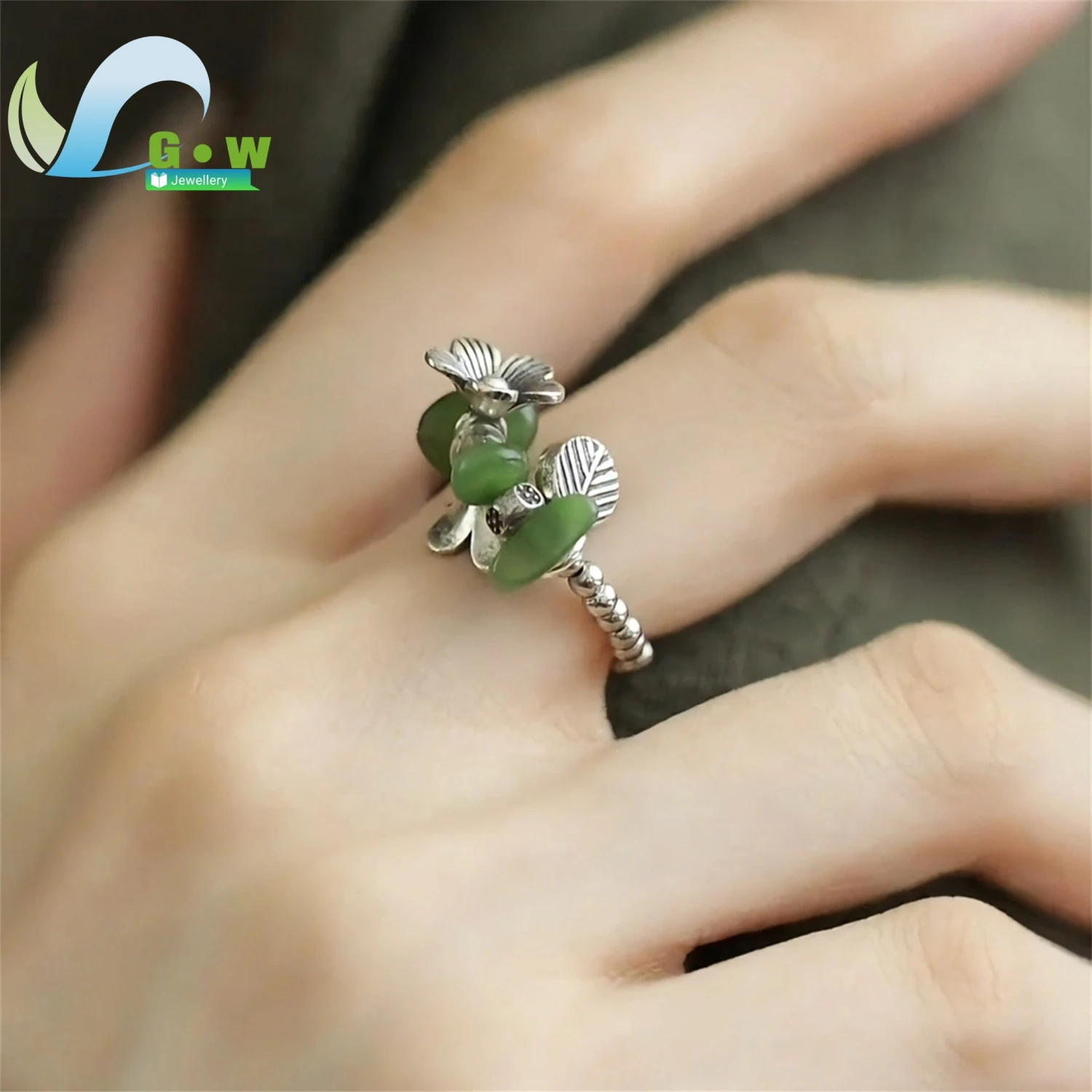 

Винтажное кольцо в китайском стиле из натурального нефрита с цветком, эластичное эластичное кольцо из стерлингового серебра 925 пробы с круглыми бусинами для указательного пальца