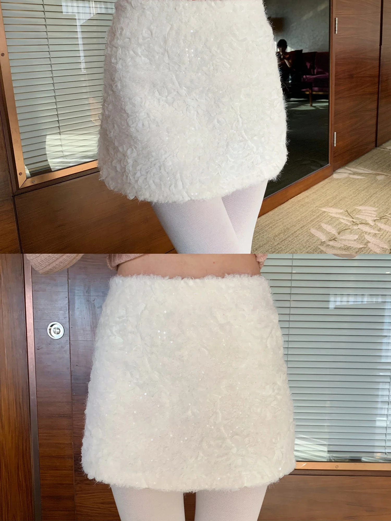 

Юбка OKJJ в корейском стиле, с завышенной талией, из искусственного меха ягненка, с пайетками, белая, универсальная, облегающая