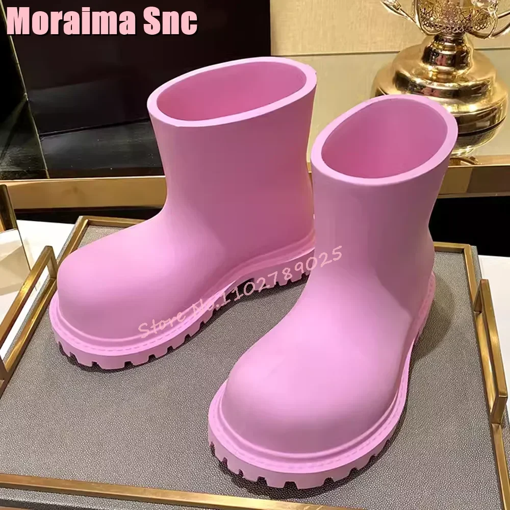 

Punk Big Round Toe Rain Boots Slip On Fashion Thick Bottom Block Chunky Heeled 2025 New Women's Design Ankle Boots Black Solid