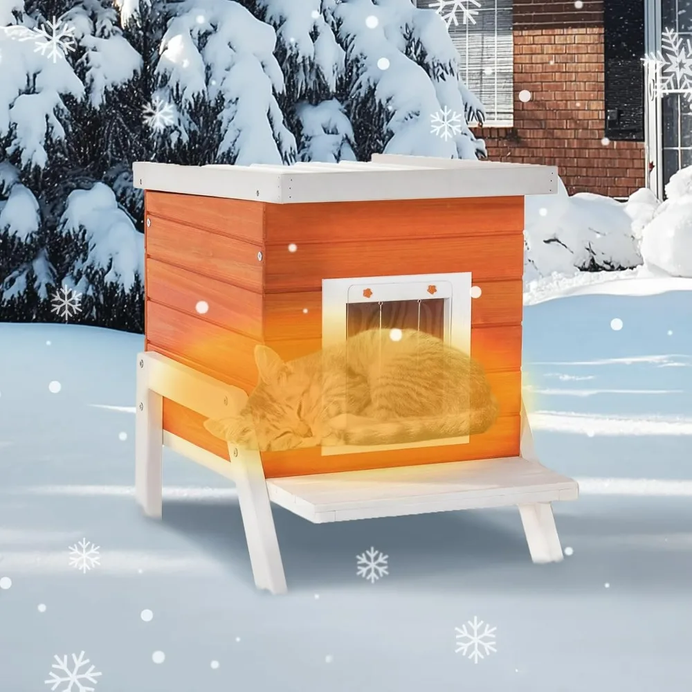 

Outdoor Cat House Insulated - Thicken High Feet, Expanded Feeding Station, Weatherproof Durable Roof, Outside Cat House,Orange