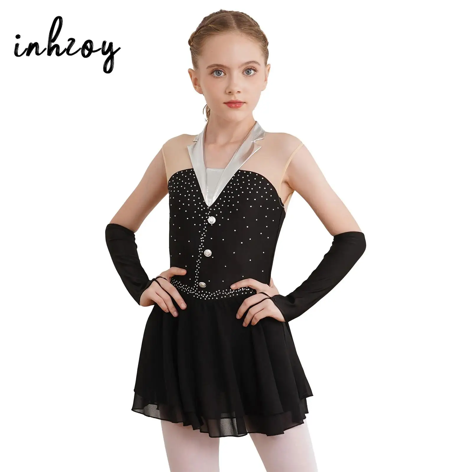 

Kids Girls Figure Ice Skating Dance Dress Shiny Rhinestones Ballet Gymnastics Leotard Jazz Latin Stage Performance Dancewear