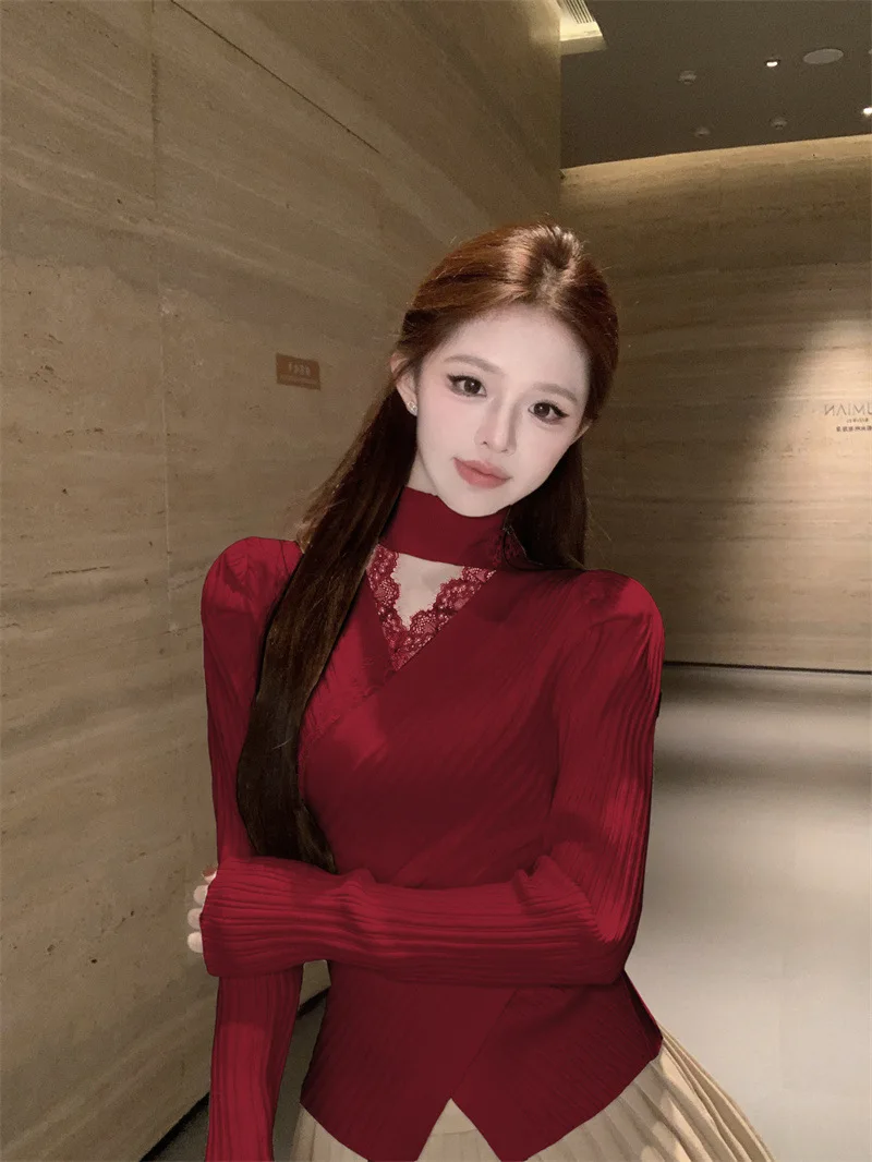 

2026 New Spring Autumn Women Slim-fit Short Sweater Korean Style Hollow Out Lace Knitted Sweater Female Soft Blouse Bottom Shirt