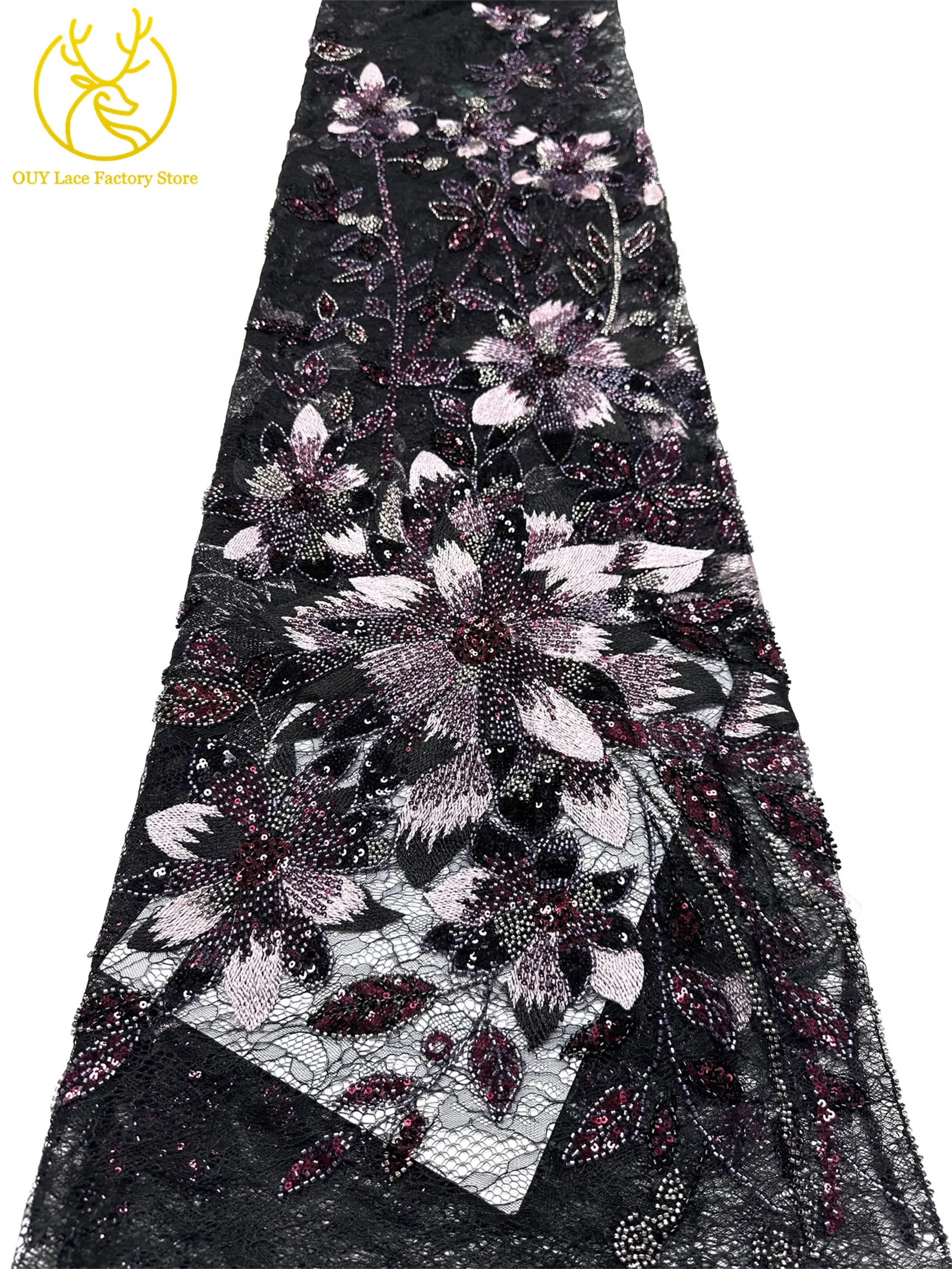 3D-Stickerei-Blattapplikation mit Pailletten, Röhrenperlen und Spitze, hochwertiger französischer Tüllspitzenstoff für Hochzeitskleider, Brautkleider und Partykleider zum Nähen. – Detail 20