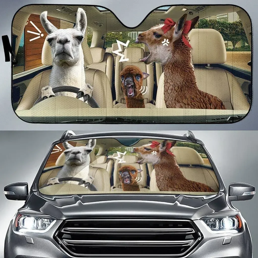 

Funny Alpacas Family Driving On Right Hand Car Sunshade, Funny Alpacas Wife Yelling Husband Car Window Sun Cover, Windshield Vis