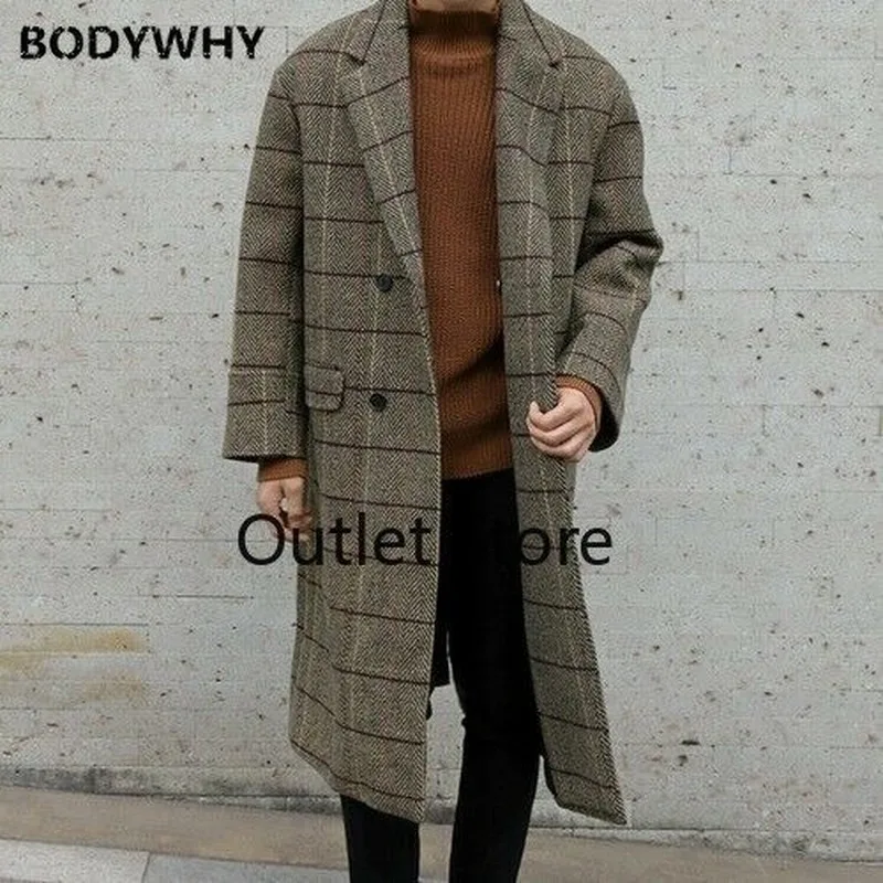 Autumn Winter Fashion Warm Thick Woolen Coat Men Overcoat Tartan Windbreaker Street Loose Long Jacket Vintage Overcoat Outwear