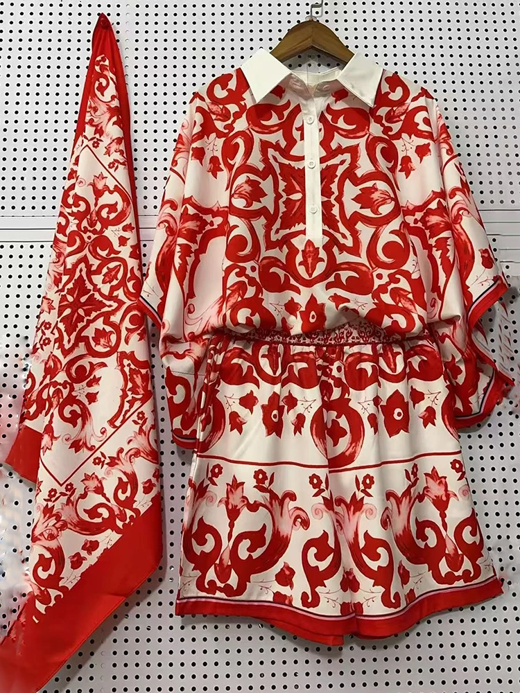 Retro-geometrischer Print-Pullover mit Reverskragen, zweiteiliger Anzug, Sommer 2026, Damen + modischer Anzug mit weitem Bein und Seidenschal