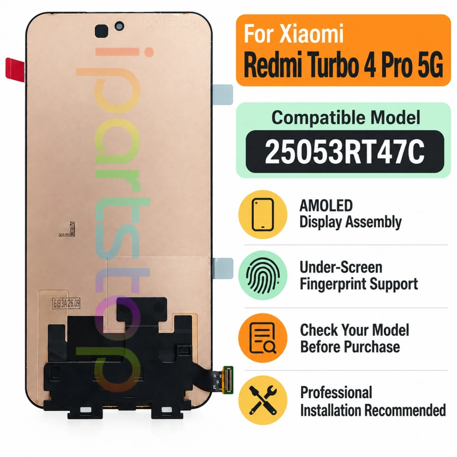 iParts Replacement Display for Redmi Turbo 4 Pro 5G 25053RT47C 120Hz AMOLED Touch Screen with Frame Assembly all Functions