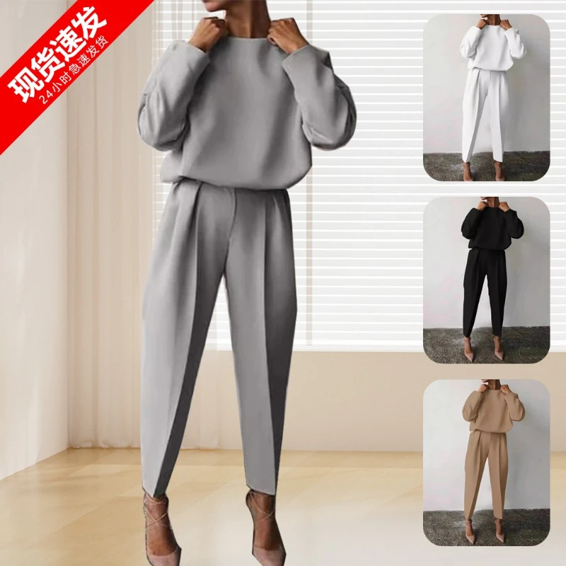 

Spot Cross-border Amazon Hot-selling Foreign Trade Women's Clothing Autumn Winter Solid Color Long-sleeved Casual Two-piece Set