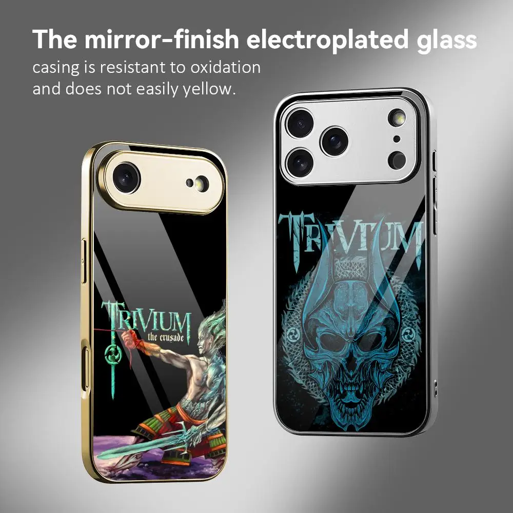 

T-TRIVIUM Metal Rock Phone Case For iPhone 17 16 15 14 13 12 Pro Max Plus Electroplated Metal Bumper Case Tempered Glass Back