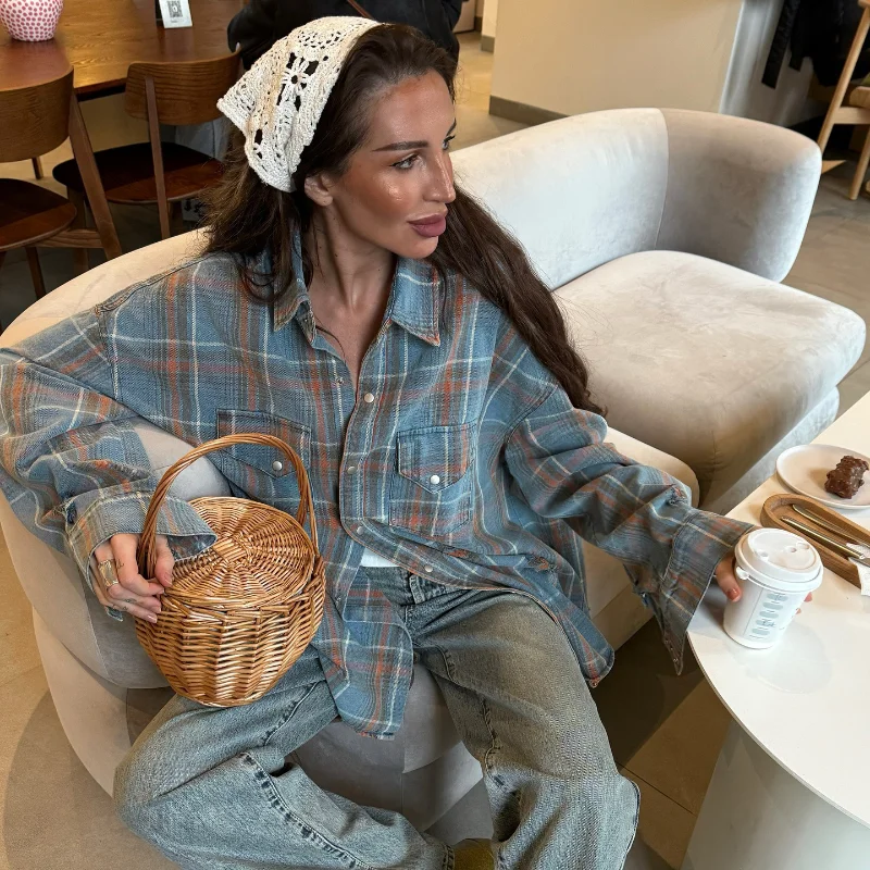 

Plaid Denim Shirt Coat Women's Loose Single Breasted Turn-down Collar Full Sleeve Tops 2025 Spring New Ladies Fashion Streetwear