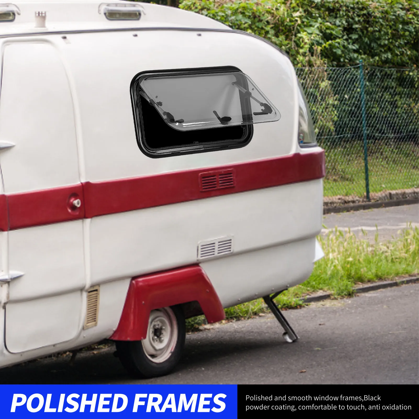 RV Window with Trim Kit Aluminum Alloy Rod 24 X 14in RVs Push Out Window Rounded Corner with Mesh Screen Sunshade for Trailers