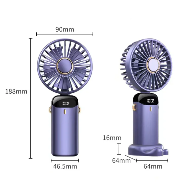 USB Recarregável Portátil Mini Ventilador, Portátil, Dobrável, Pescoço Pendurado, Ao Ar Livre, 5 Velocidade, Suporte Do Telefone, Tela De Exibição