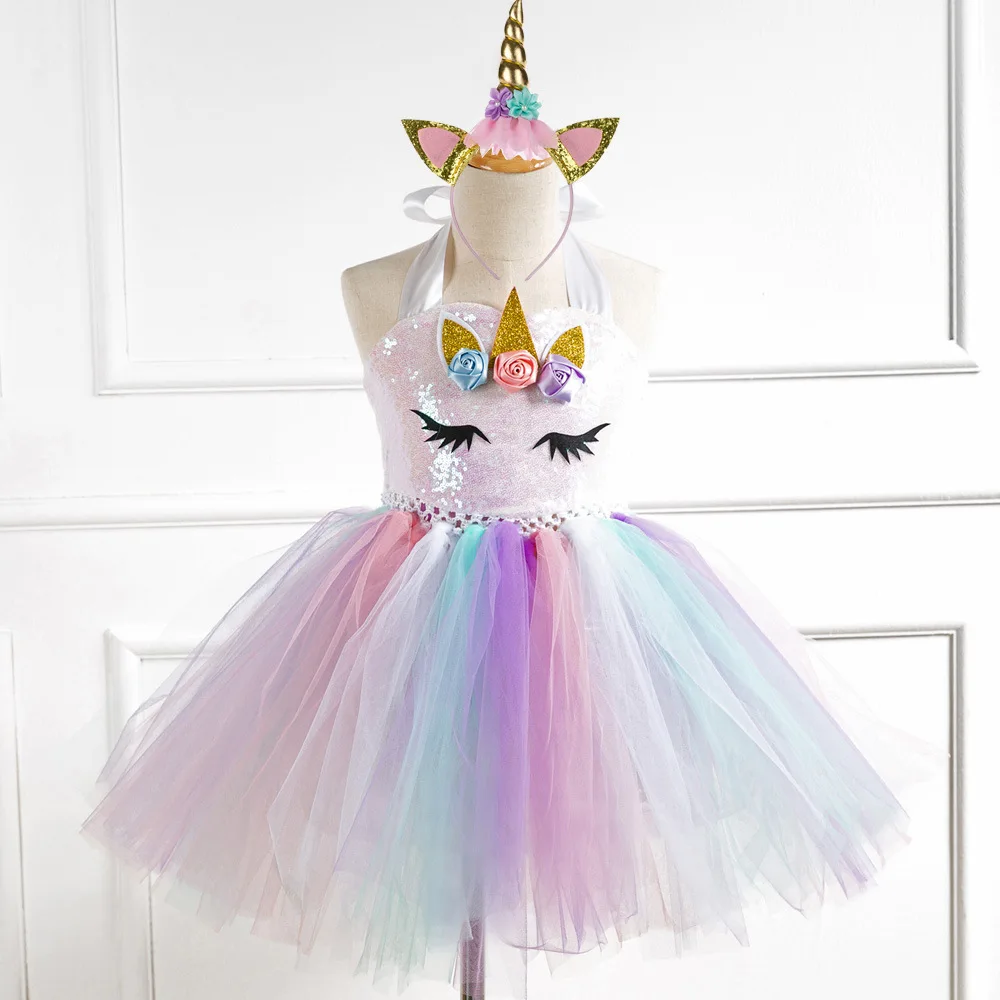 

Kids Girls Clothes Rainbow Tutu Skirt Sequins Unicorn Princess Dress+Headband For Children Party Prom Performance Fluffy Gown