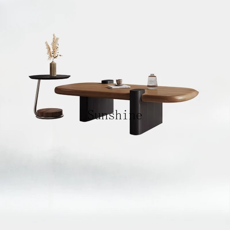 

Medieval style advanced creative small apartment modern light luxury walnut leather coffee table combination