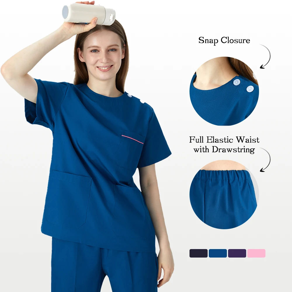 

Униформа для салонов красоты для женщин: медицинский костюм с круглым вырезом и застежкой на пуговицах на плече, прочный комплект для стоматологов и больниц, модель 106