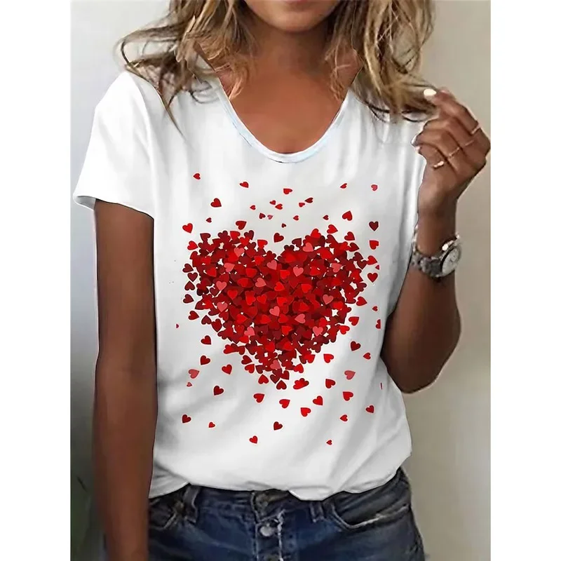 2024 Summer New Retro Women\'s T-shirt Red Heart Fashion 3D Printing Short-sleeved Casual Street Sports O Collar Ladies Shirt