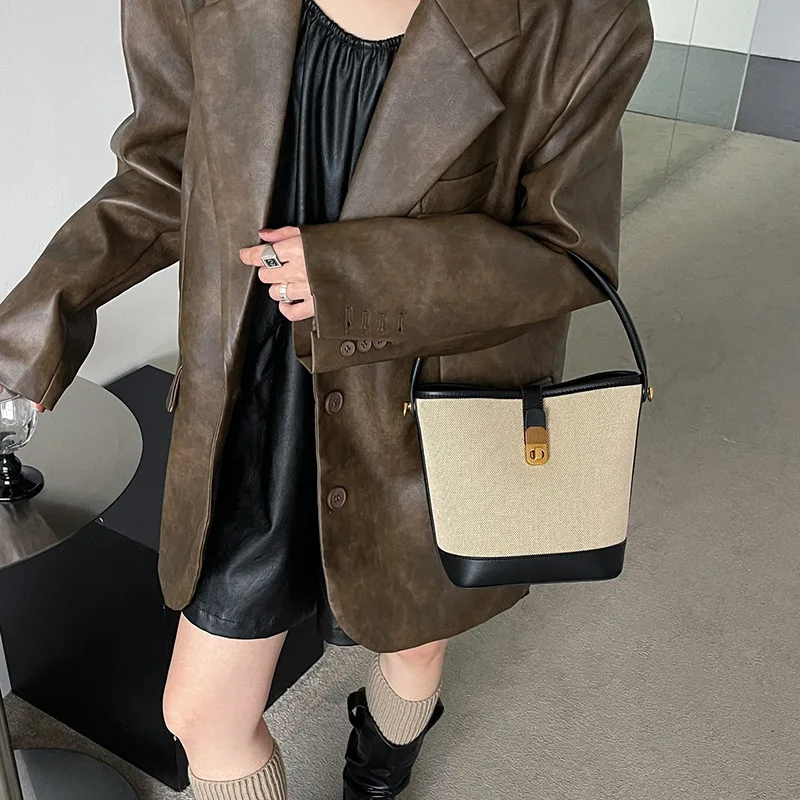 Fashion Casual Color Splicing Women Bucket Shoulder Bag Large Capacity Single Shoulder Crossbody Bags Luxury Design Handbags