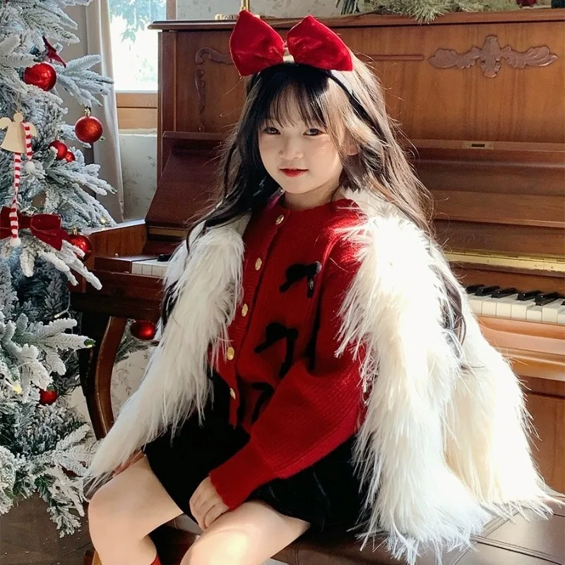 Autumn Winter Baby Sweater Button Cardigan Long Sleeve Knit Coat Sweet Girls Red Christmas New Year Kids Clothing 2-7Y