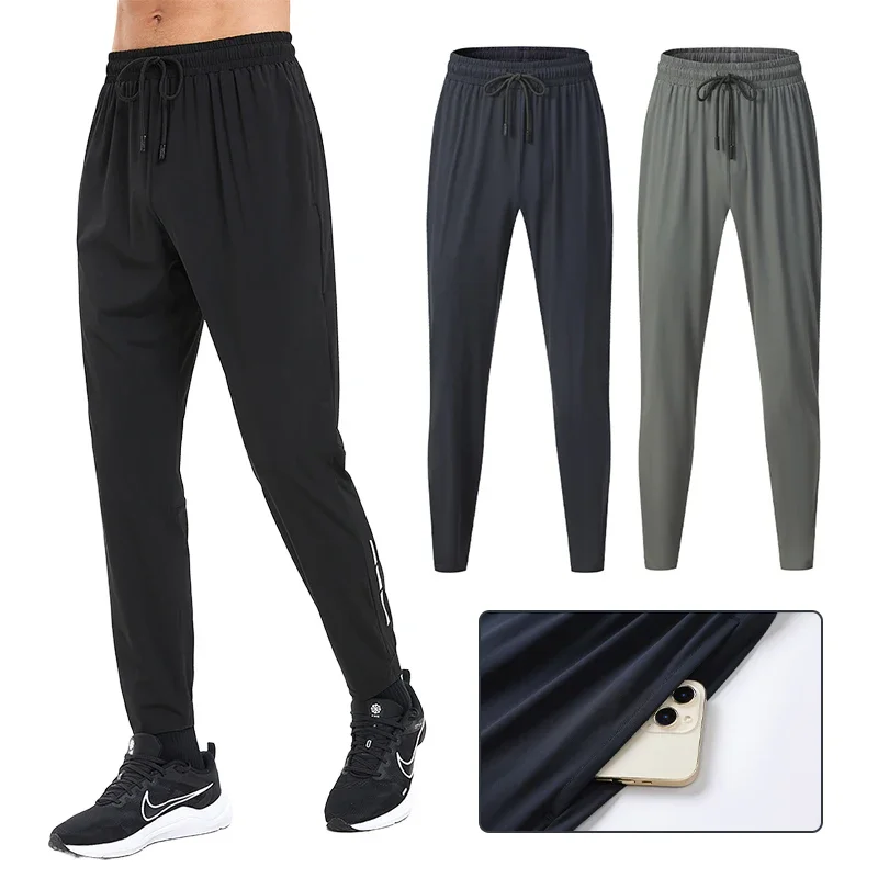 Men's Spring Summer Running Trousers Fitness Muscle Training Leggings with Reflective Striped High Stretch Ice Skinny Pants