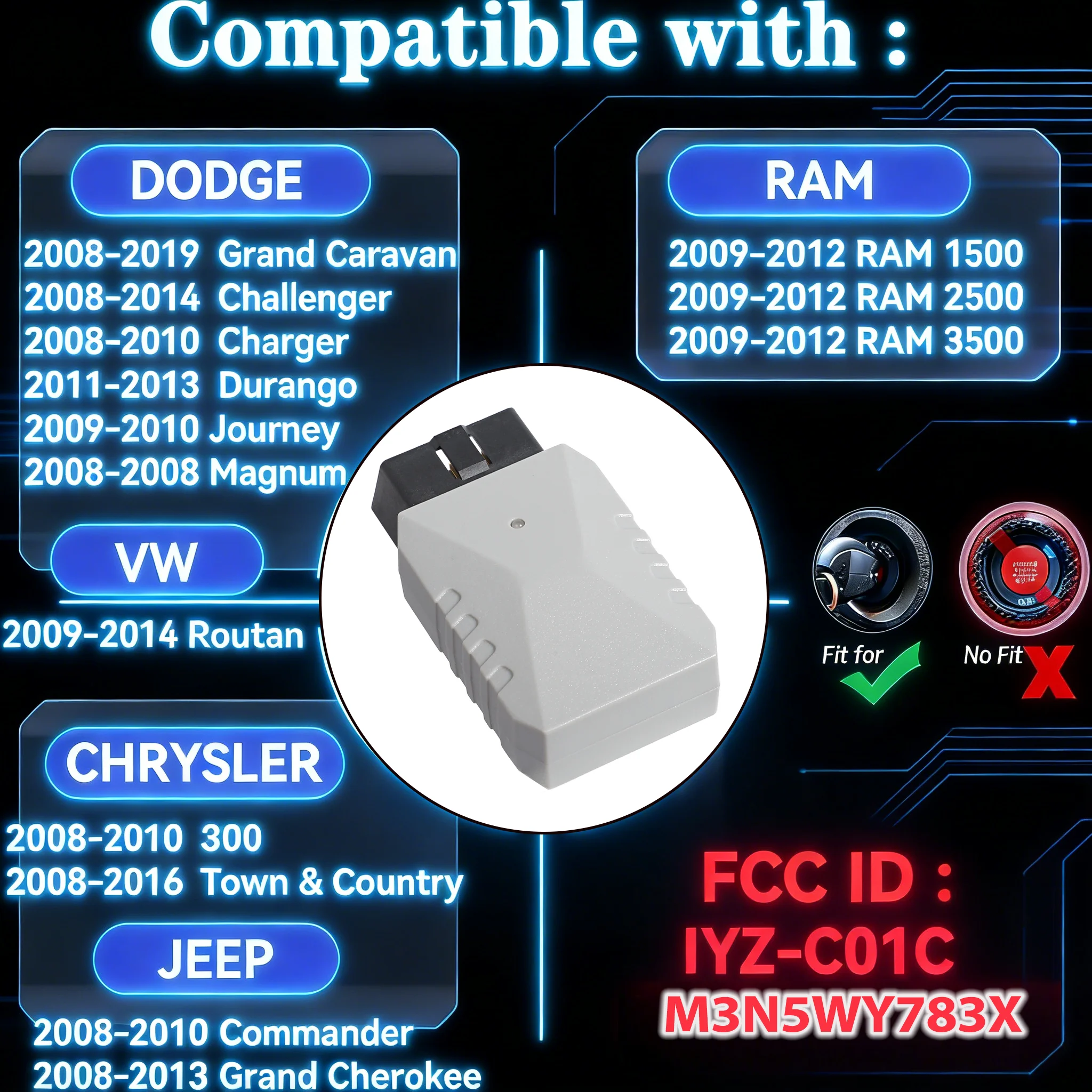 Picture 3: 2pcs OBD Key Fob Programmer Tool with Keyless Entry Remote - Compatible for Jeep/Dodge/Ram/Chrysler/Volkswagen | Programming kit