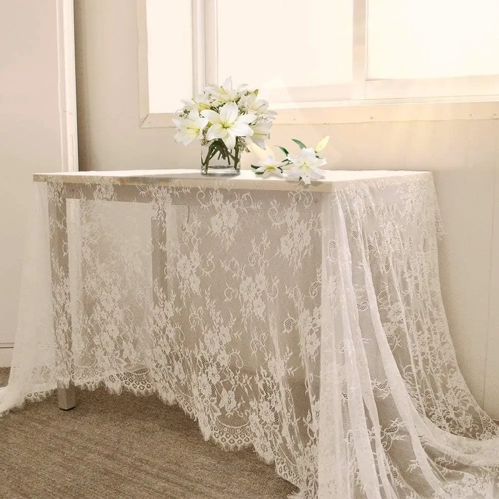 75x300cm White Lace Tablecloth Rect Vintage Embroidered Sheer Overlay For Wedding/Birthday Party Rustic Farmhouse Decor