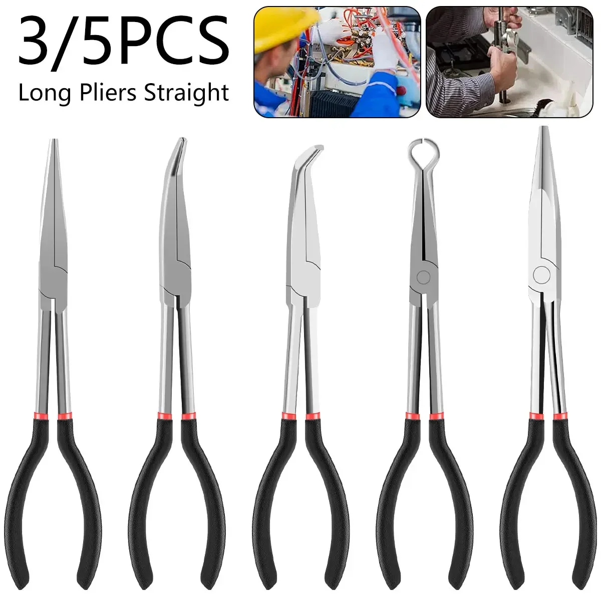 

3/5Pcs Needle Nose Pliers Set 11 Inch Carbon Steel Long Reach Pliers 25/45/90 Degree Bent Nose Plier O-Shaped Circle Pliers