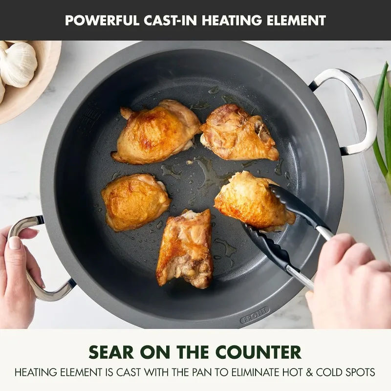 وعاء مقلاة GreenPan Elite Essential Smart Electric 6QT، Sear Saute Stir-Fry and Cook Rice، سيراميك غير لاصق، خالٍ من مادة PFAS، أسود