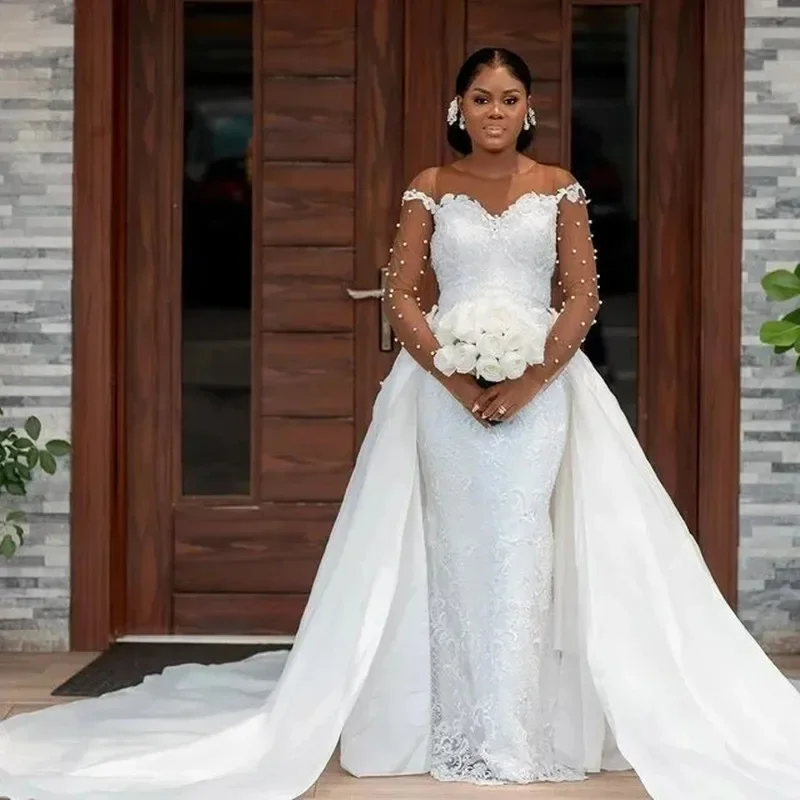 Customized Sheer Neck Shinny Appliques Beads Wedding Dress  Robe De Mariée  Long Sleeves Bridal Gown with Removable Skirt