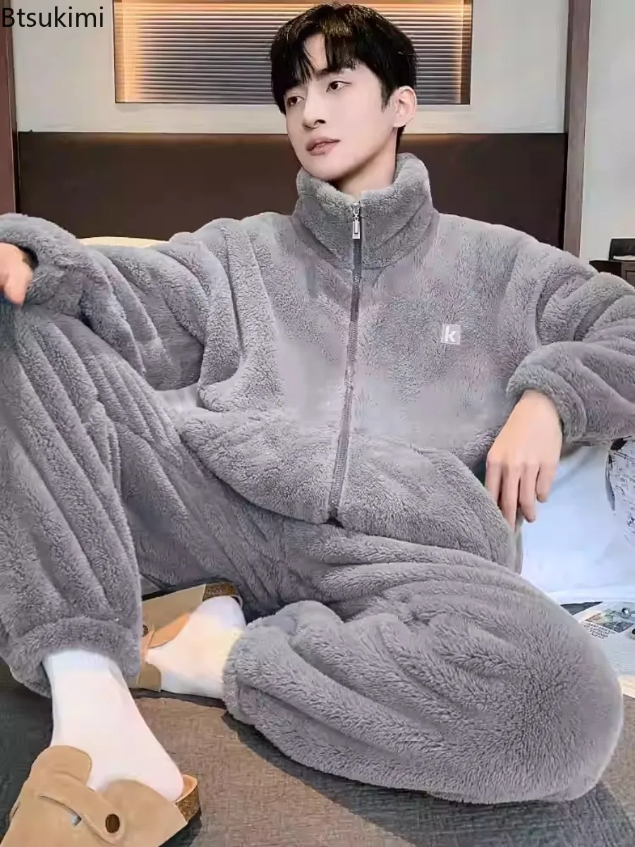 High Quality Men's Pajamas Sets Winter Thickened Warm Zipper Long Sleeve Tops+Pants Nightwear 2-pieces Man Lounge Home Sleepwear