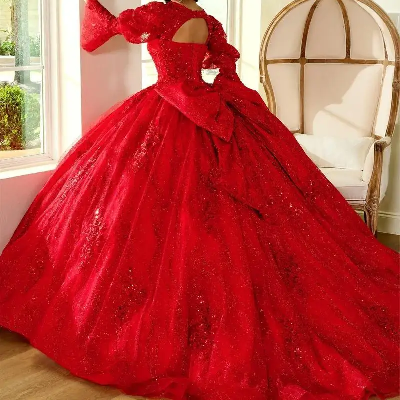 Red Shiny Long Sleeves 16 Quinceanera Dresses Applique Lace Beads Bow Tull Party Birthday Vestides De 15 Anos Customized