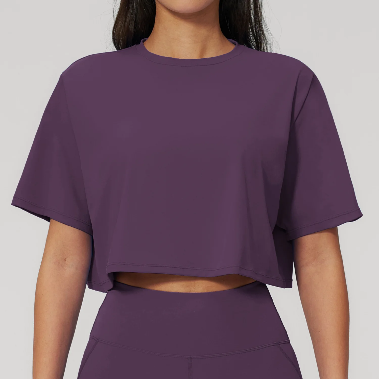 Women Yoga Short Sleeved Fitness Top Running Workout T-shirt Gym Short Sleeves Loose Fit Boxy Crew Neck Crop Top Solid Breathabl