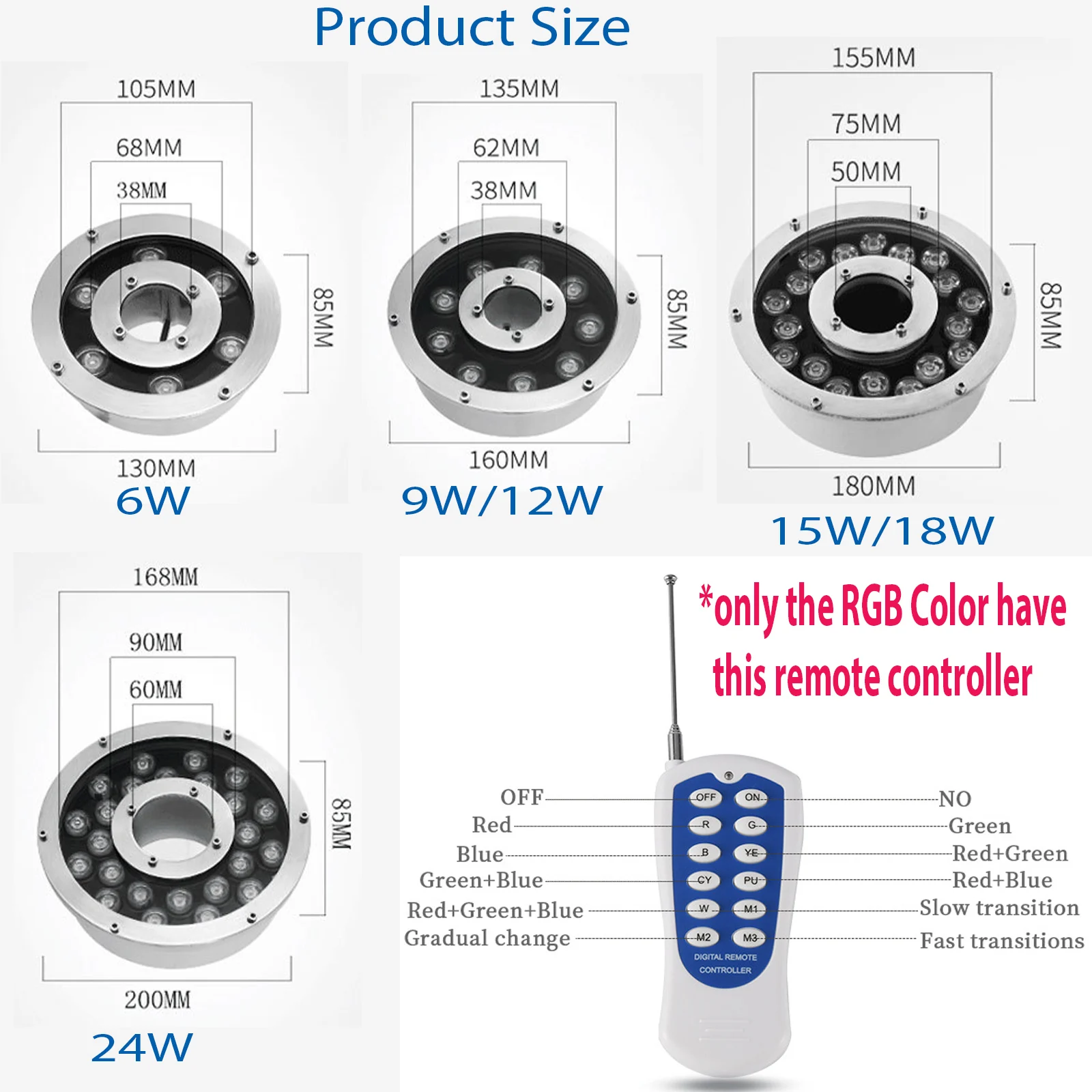 Imagem -02 - Luz Led Rgb para Piscina 6w 12w 18w 24w Ip68 à Prova Dágua ac Dc12v Luz Subaquática Externa Lago Led Piscina Holofote