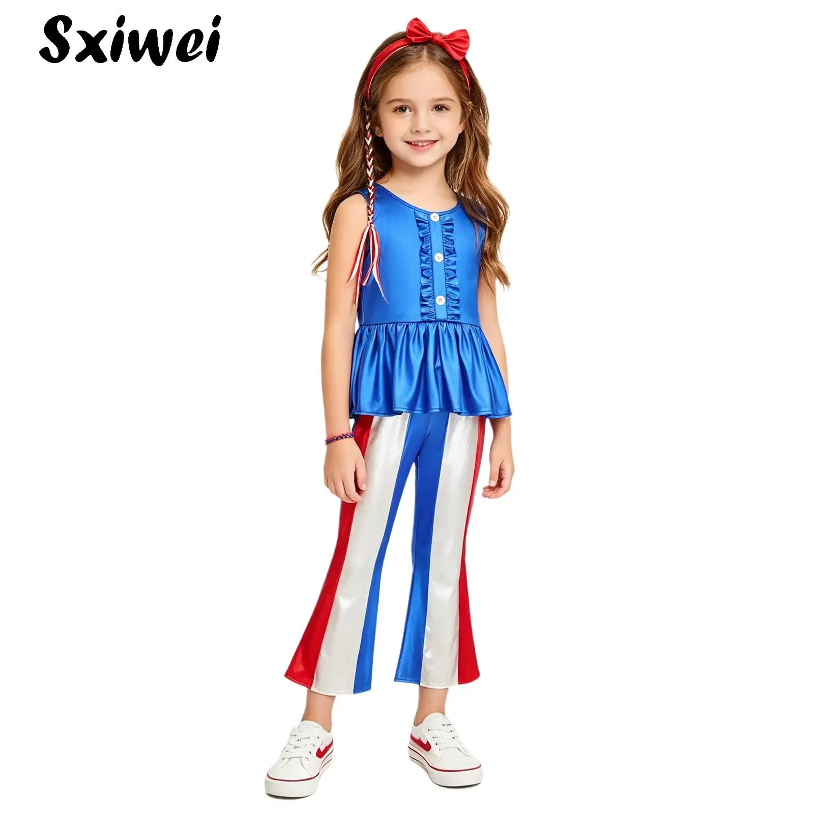 Girls Independence Day Themed Party Costume Child Frilly Trim Vest Tank Top with Metallic Shiny Stripe Flared Pants And Headband