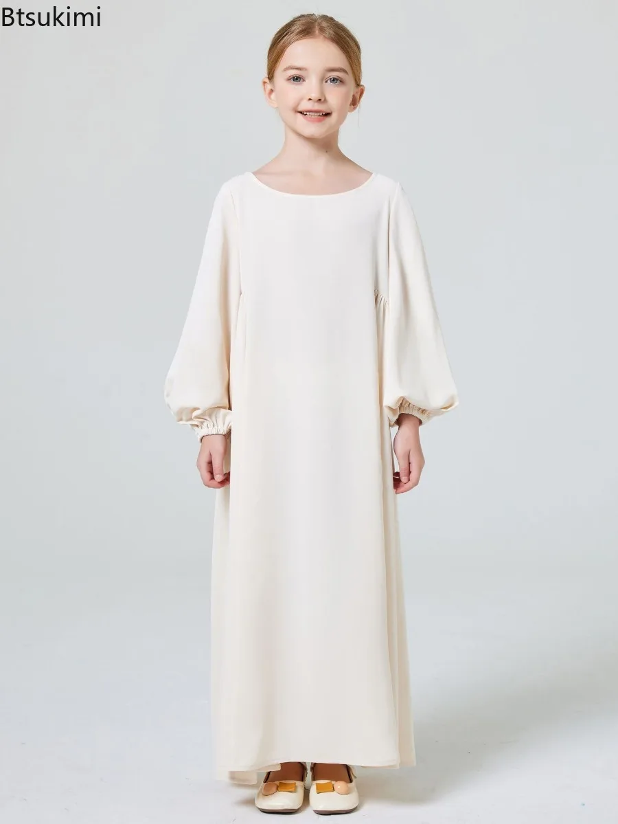 

2025 New Muslim Dresses Girls Fashion Simple Solid Abayas Ramadan Caftan Kids Casual Modest Maxi Dress Plain Long Robe for Girls