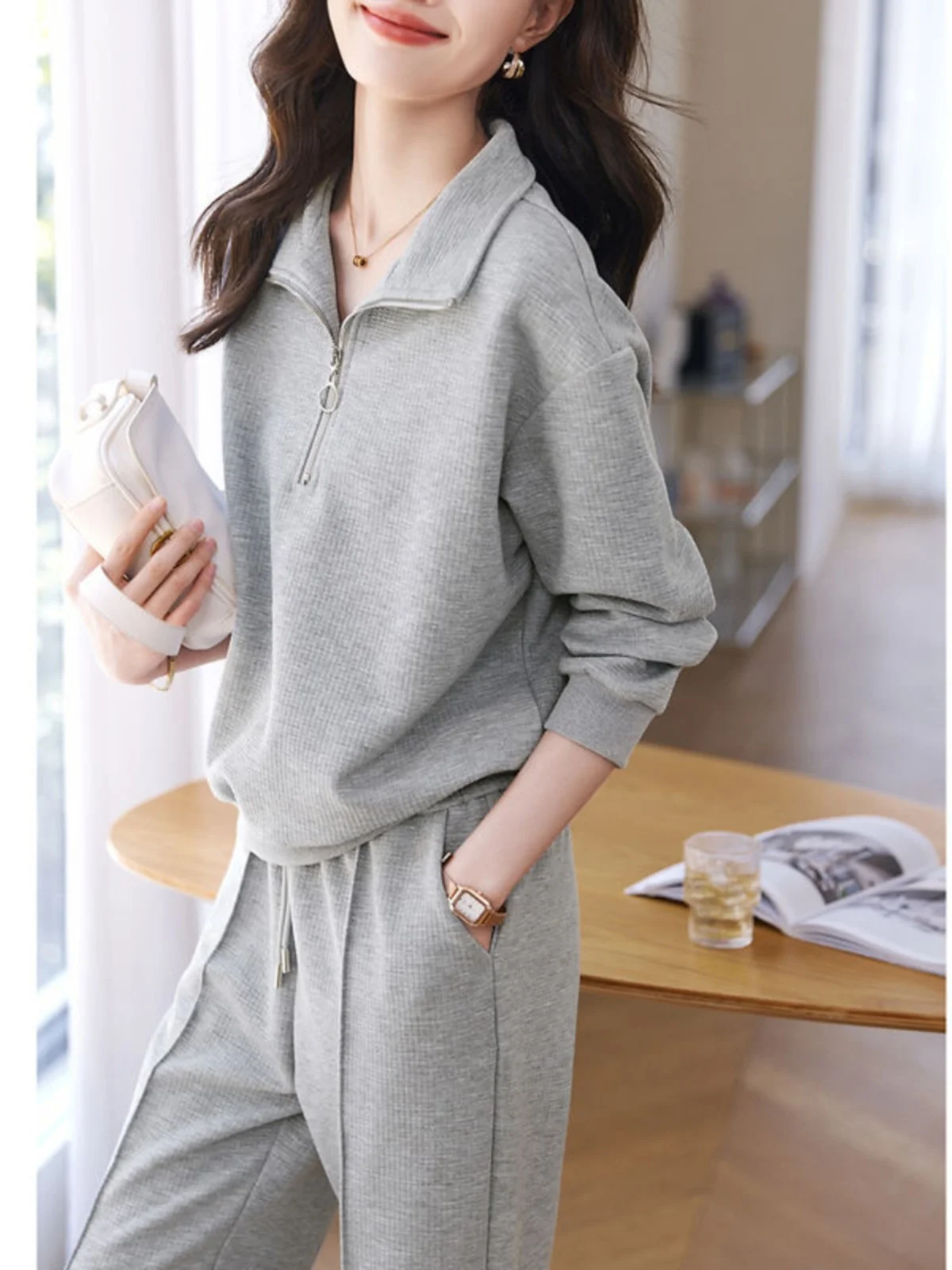 

Spring Autumn Half Zip Hoodie Pants Sport Suit Women 2026 New Stylish Youthful Collar Running Two Piece Set Casual Sportswear