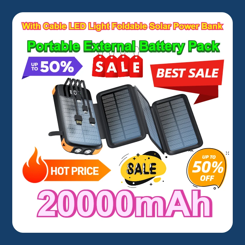 For IPhone 14 13 Samsung Xiaomi Poverbank with Cable LED Light Foldable Solar Power Bank 20000mAh Portable External Battery Pack