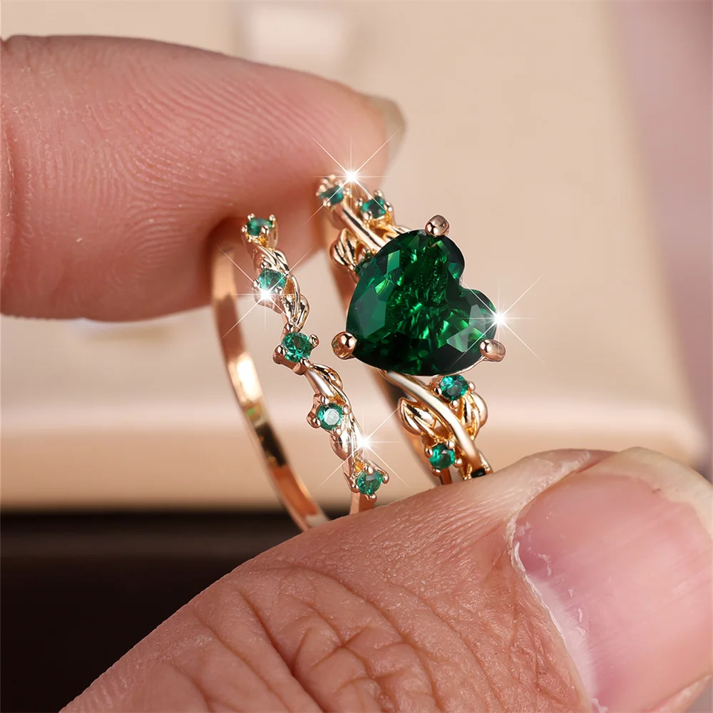 Royal Blue Green Black Red Stone Heart Ring Sets For Women Rose Gold Color White Zircon Bridal Wedding Bands Mothers Day Jewelry