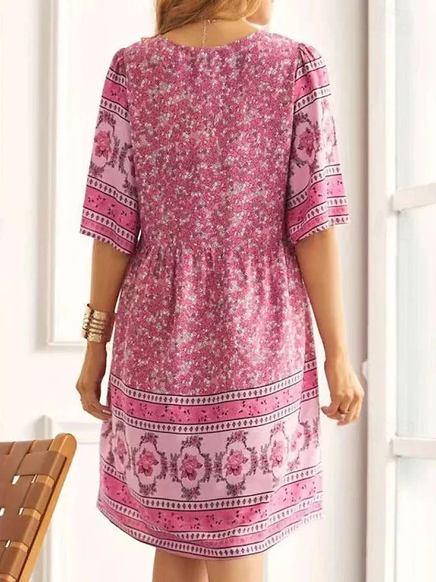 Fashion Short Sleeve Ethnic Style Print Mini Dress Women 2025 Summer Casual  Holidays Boho Dresses For Women Robe Femme