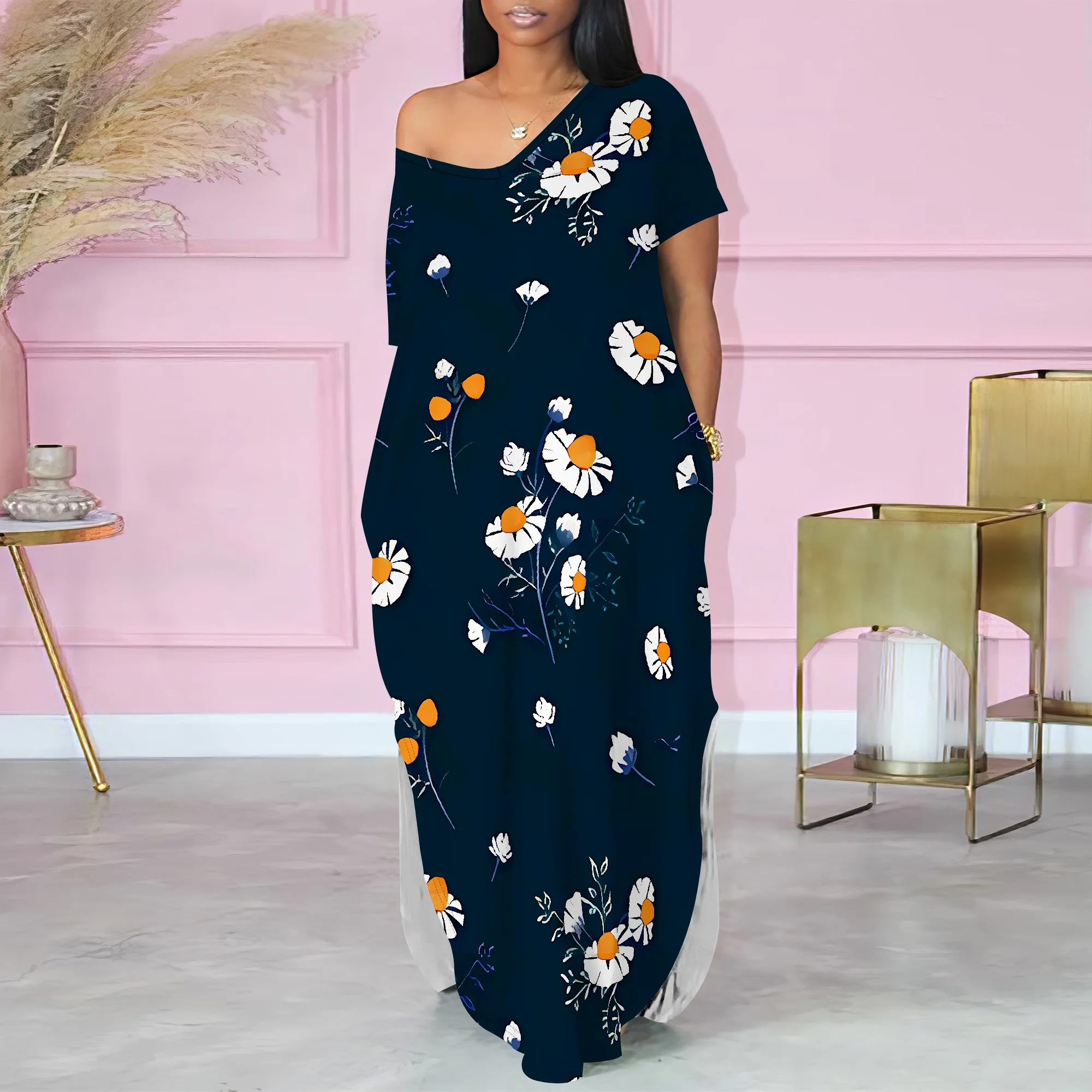 

Elegant Off Shoulder Floral Maxi Dress Women Navy Blue Daisy Print Loose Fit Casual Summer Dress