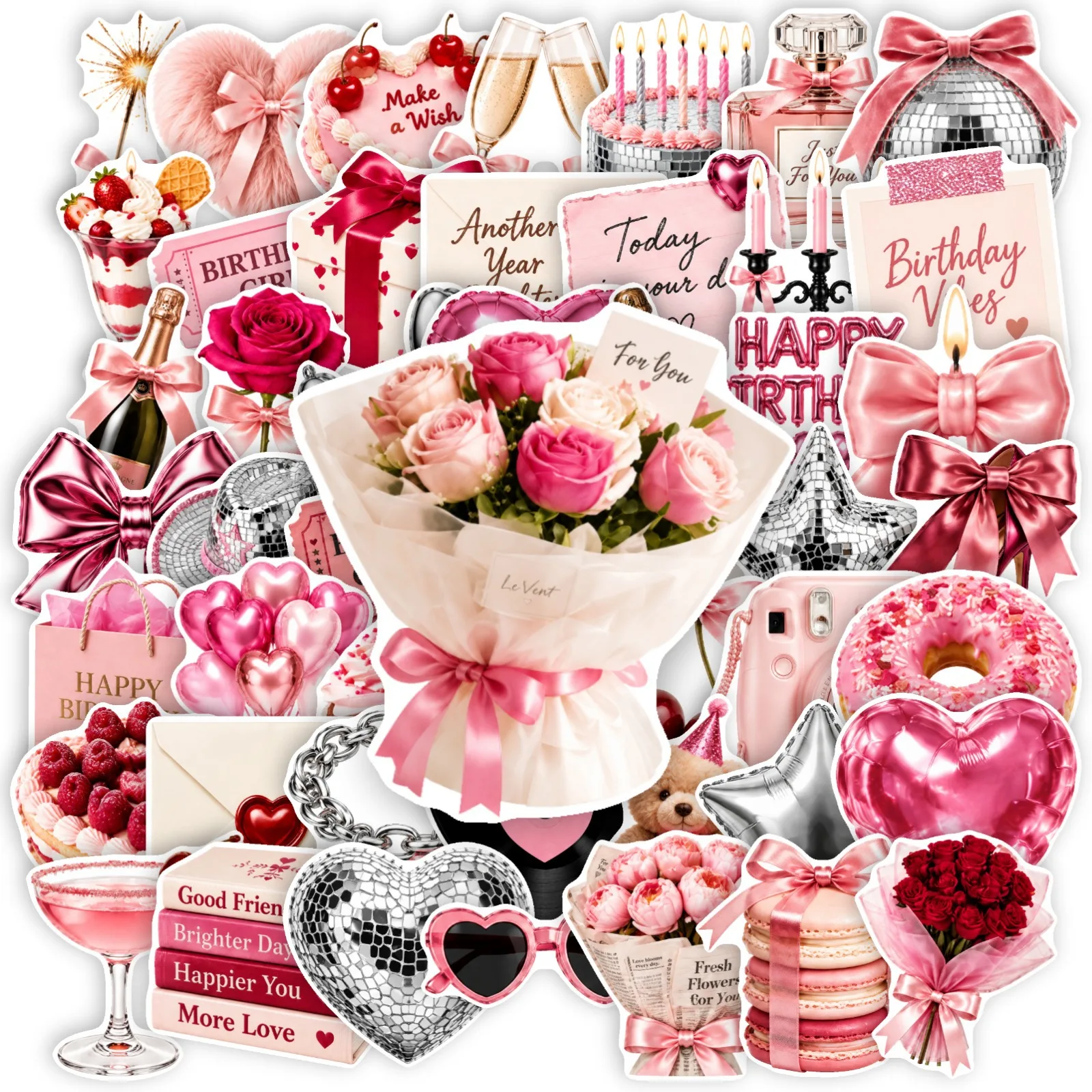 50 Pcs Pink Birthday Stickers Waterproof Rose Heart Decorative Adhesives for Gift Boxes Envelopes And Cards Ins Style