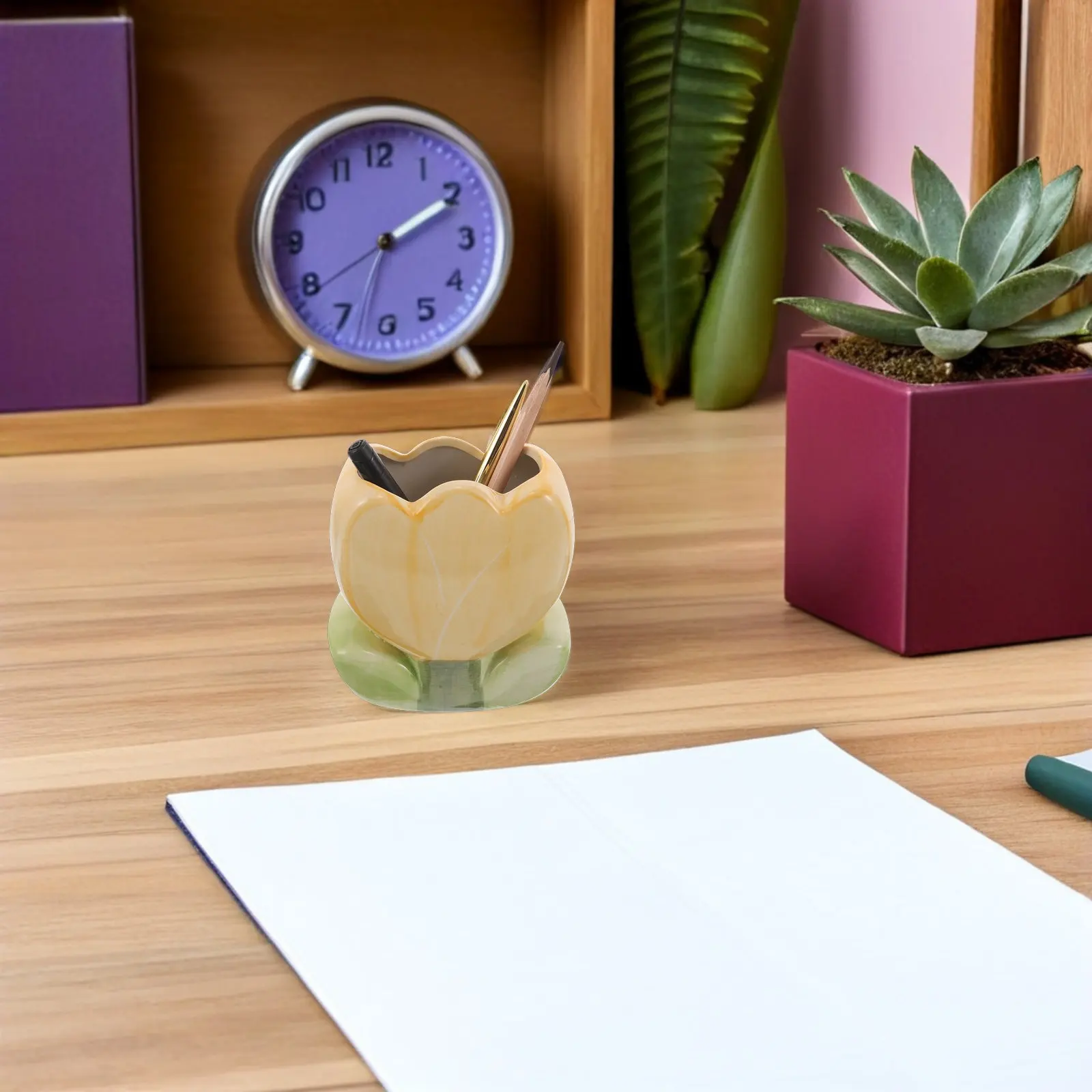 Pen Holder for Desk Cute Metal Pencil Office Accessories Aesthetic Yellow Ceramic Cup